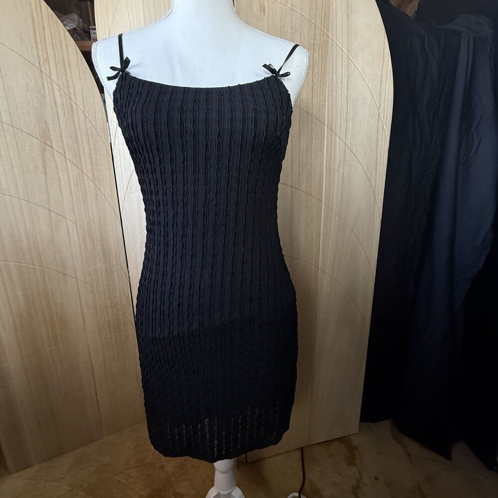 Whimsigoth Black Popcorn Knit Mini Dress Bow Strap Bodycon Slip 90s Coquette LBD